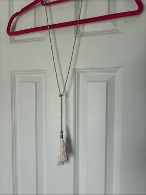 LOFT Pearl Crystal Beaded Necklace with White Tassels. No Clasp